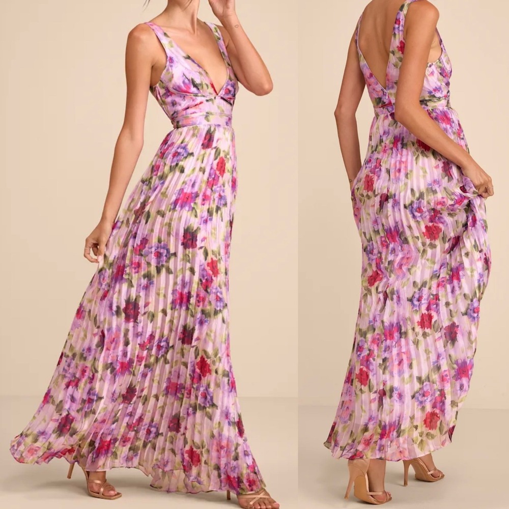 NWT Lulus Size Small Morgana Pink Multi Floral Satin Pleated Maxi Dress